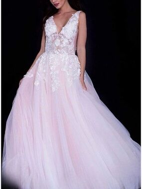 Jovani Blush Pink Tulle Gown with Off-White Floral Lace Appliqué